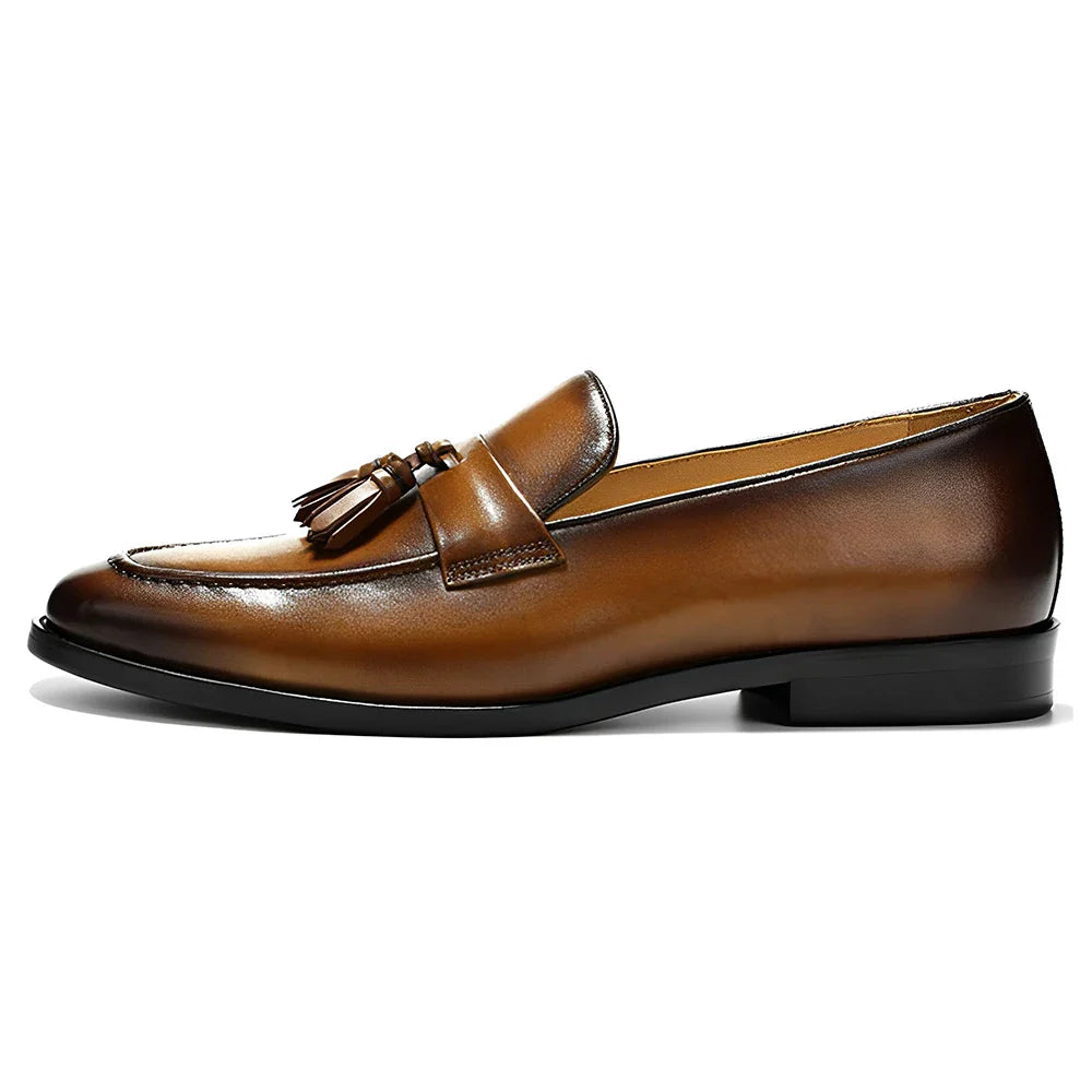 Men's Brown Leather Tassel Loafers, Formal Slip-on Dress Shoes for Business, Wedding