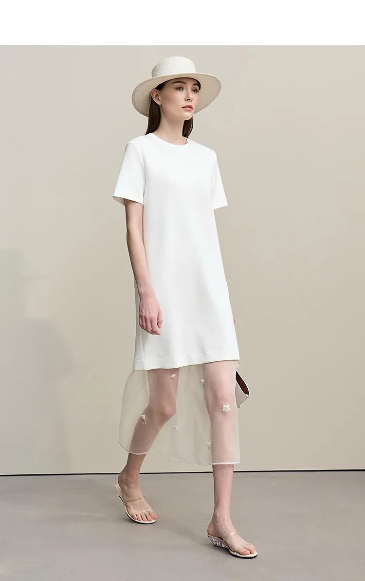 Long Dresses 2026 Autumn New Round Neck Short Sleeve Patchwork Women's Dress Removable Organza Elegant Dress Women 12651024