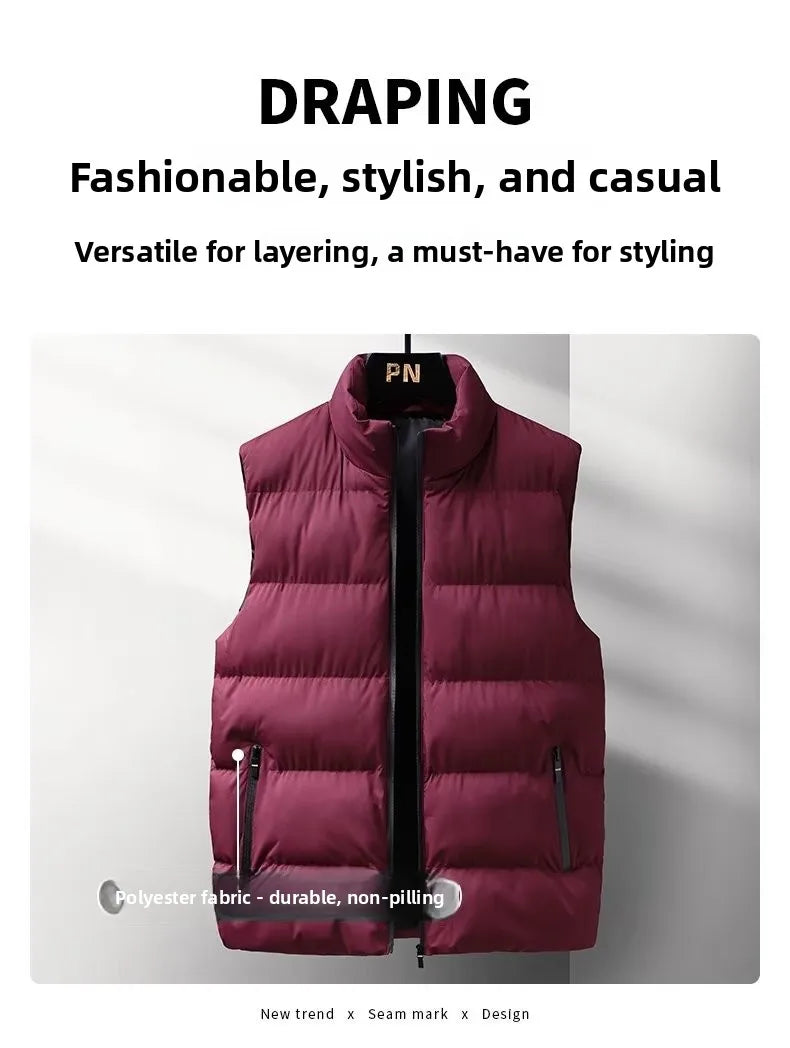 Men's down Vest Thickened Casual Style Stand Collar Jacket Autumn Winter New Fashion Youth Active Fit Zipper Pocket Daily Wear
