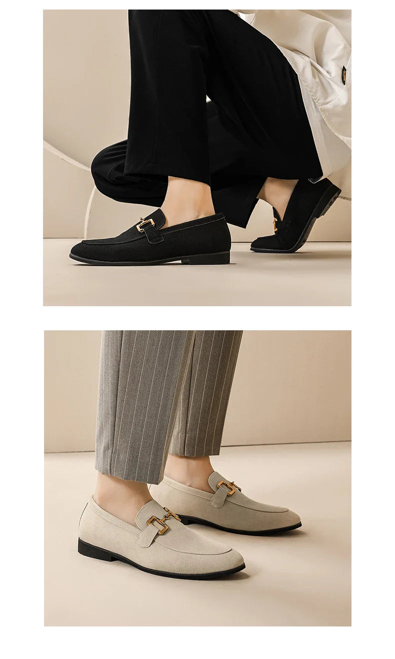 Fashion Brand Men Suede Leather Shoes Black Beige Horsebit Loafers Slip on Formal Mens Dress Shoes Wedding Office Casual Shoes