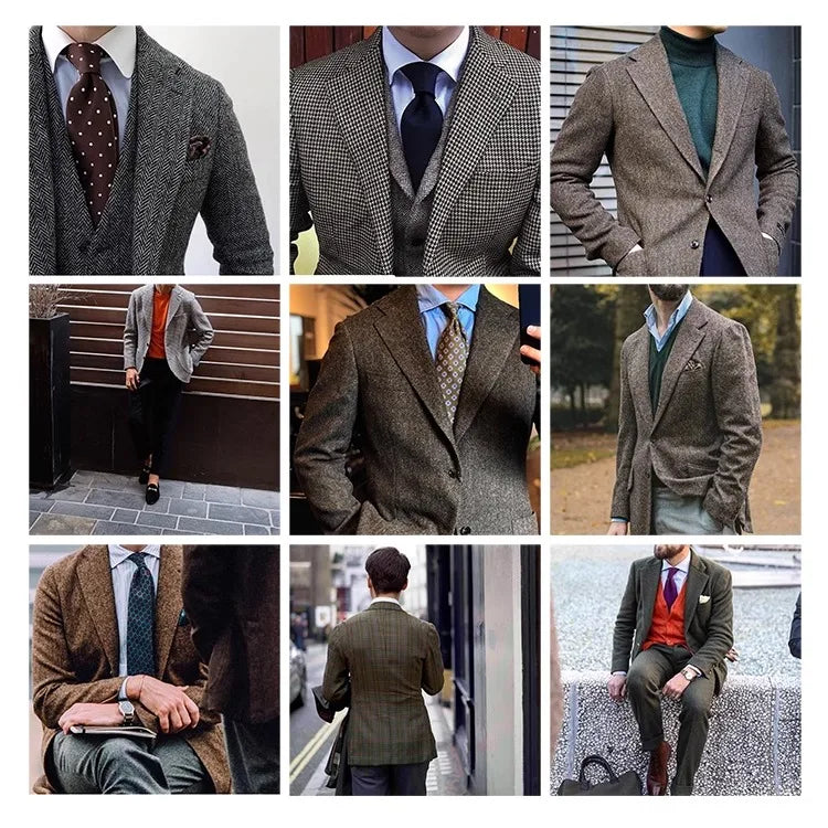 Uncle Nick's Wooster-Style Suit, Autumn and Winter Vintage Tweed Wool Herringbone Pattern Men's Blazer Suit