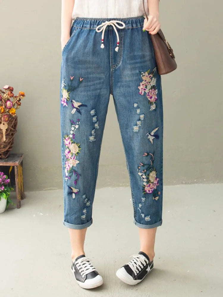 Vintage Floral Loose Denim Pants Chinese Style Casual Ripped Blue Jeans