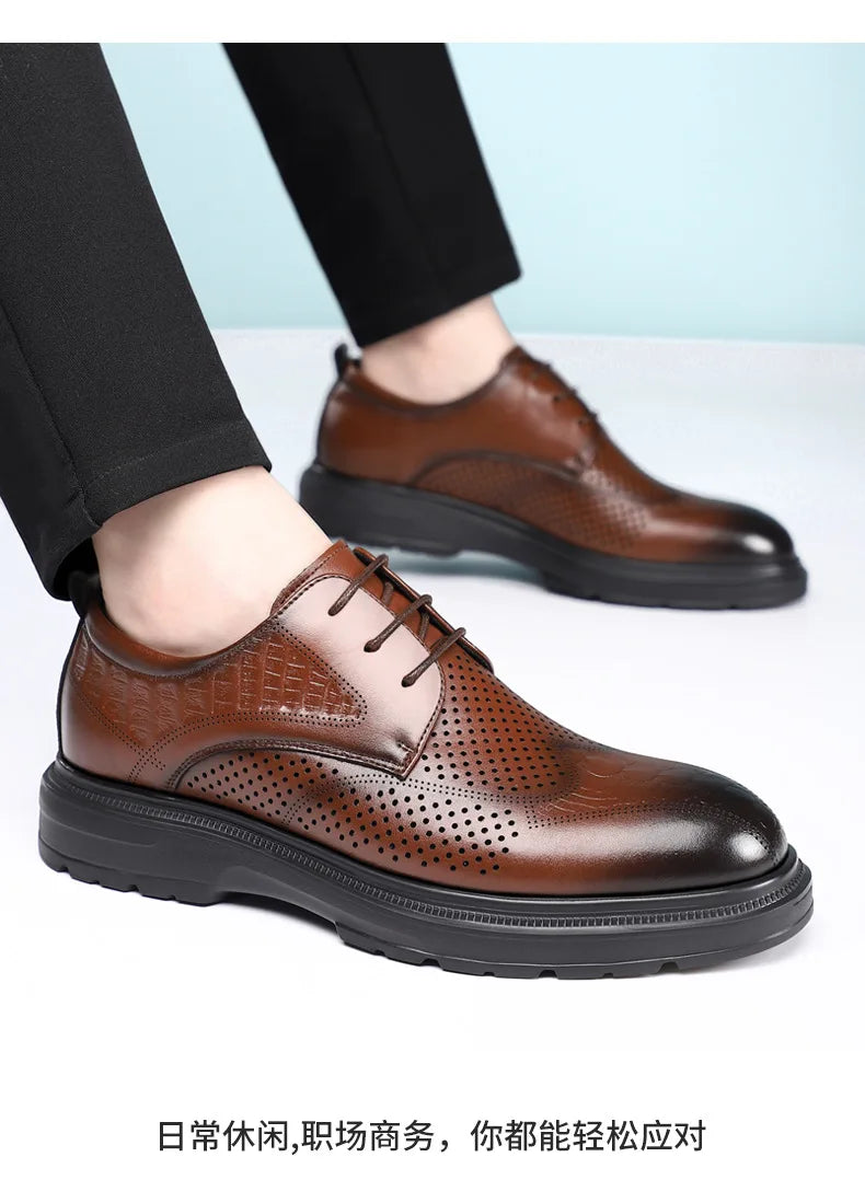 2026 Summer New Men's Cow Leather Oxford Shoes Hollow Out Formal Business Dress Shoes Male Non-slip Fashion Platform Shoe Man