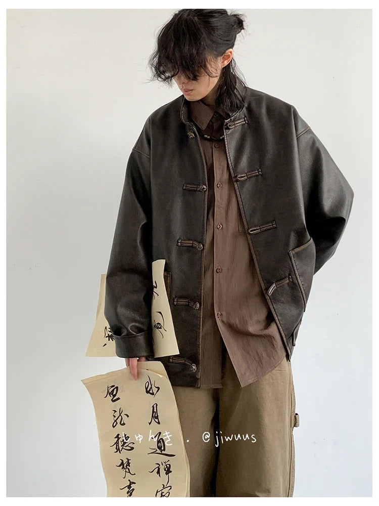 Spring Cool Oversized Vintage Distressed Pu Leather Jacket Men Elegant Luxury Designer Chinese Style Clothes 2024