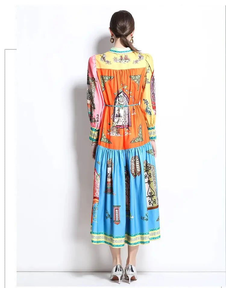 French Court Style Long Sleeve Dress Luxury Vintage Lapel Midi Dress Women Elegant Button-up Belted Party Dress Vestidos
