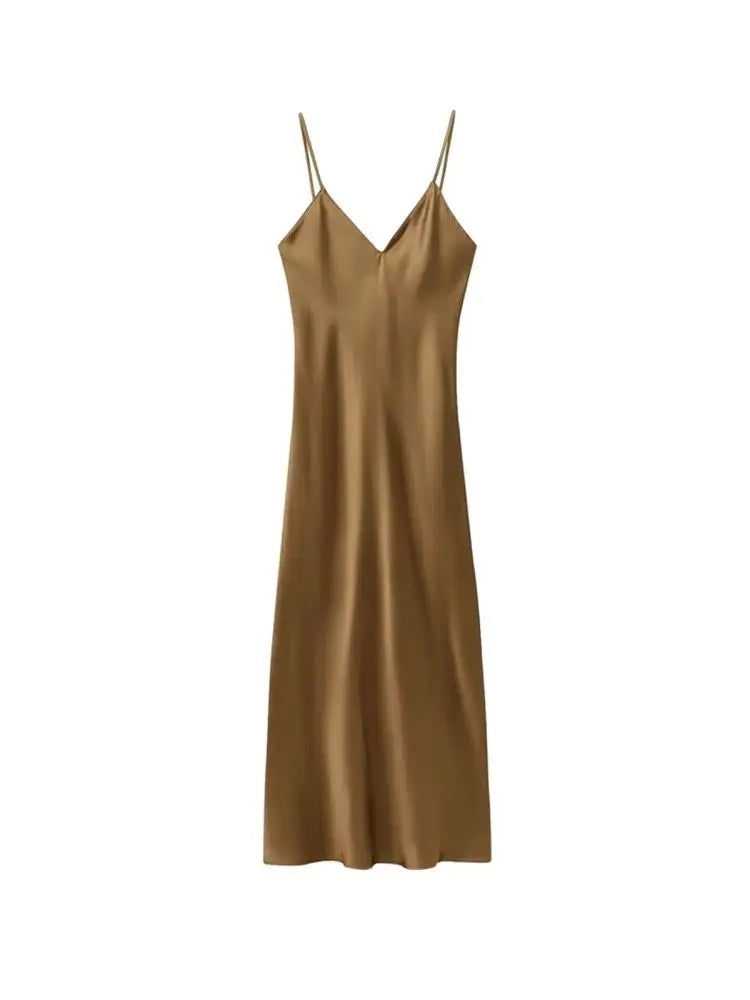 Women's Satin Midi Dress, V Neck, Thin Straps, Backless, Female Dresses, Sexy Fashion