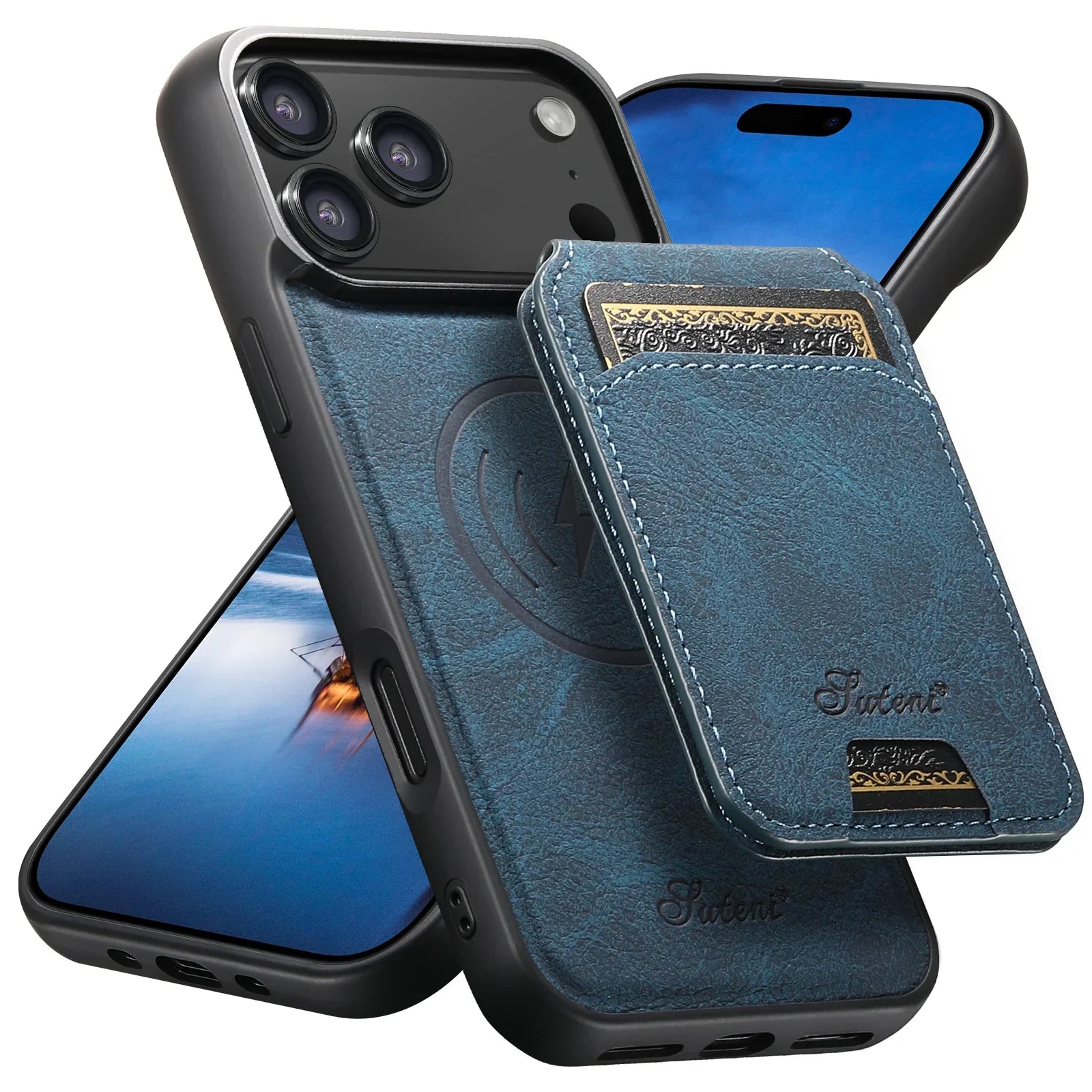SUTENI Wireless Charging Phone Case Magnet Card Holder Stand Faux Leather For iPhone 17 Pro Max 16 Plus 15 14 13 12