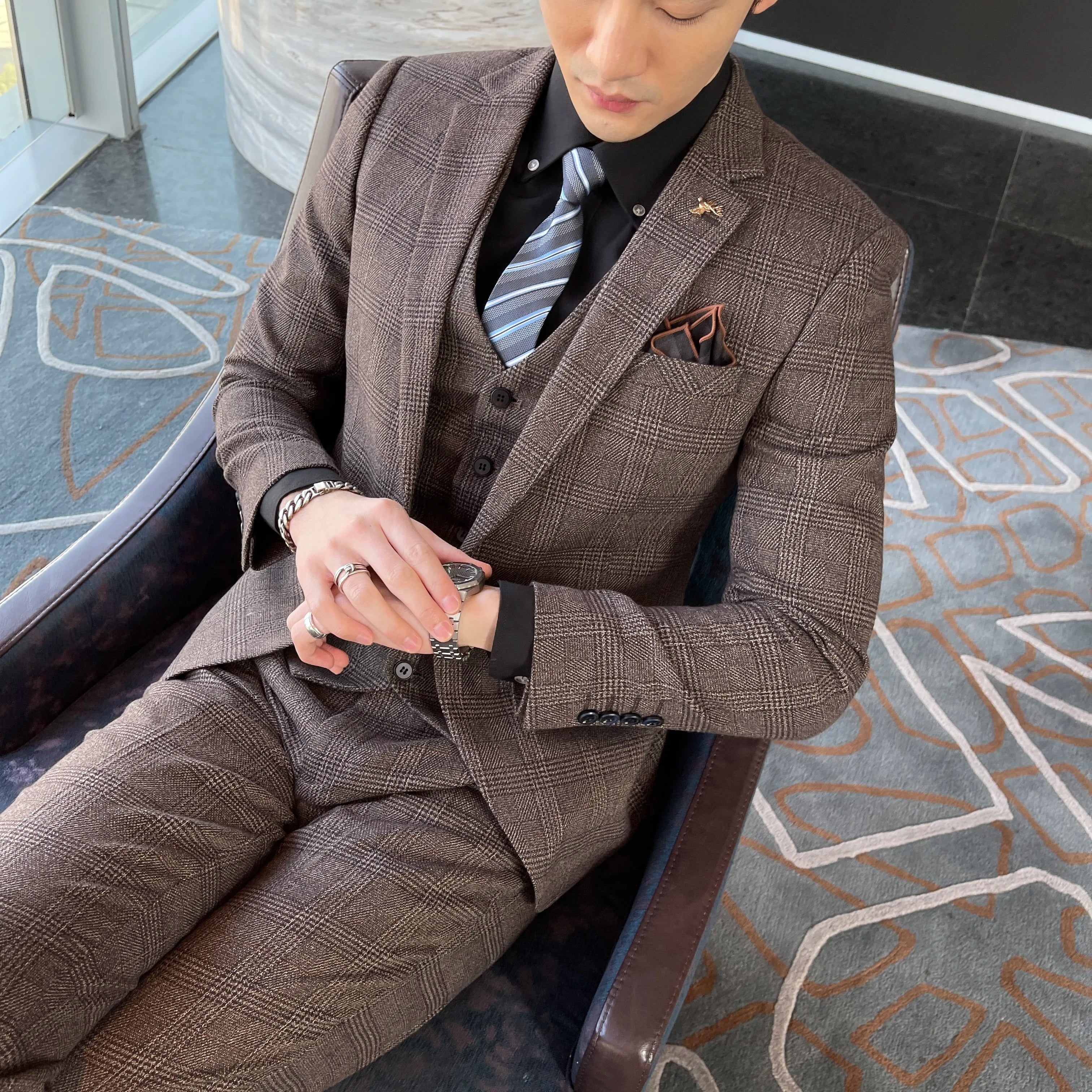British Modified Plaid Three-Piece Suit for Men - Stylish Business Casual Suit Vest And Trousers Set