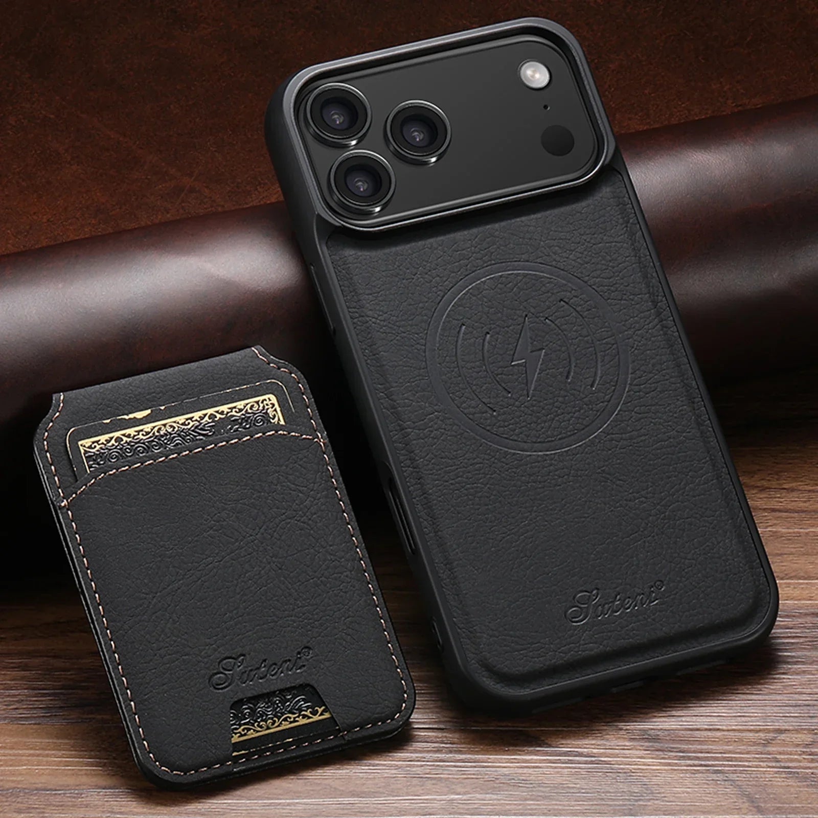 SUTENI Wireless Charging Phone Case Magnet Card Holder Stand Faux Leather For iPhone 17 Pro Max 16 Plus 15 14 13 12