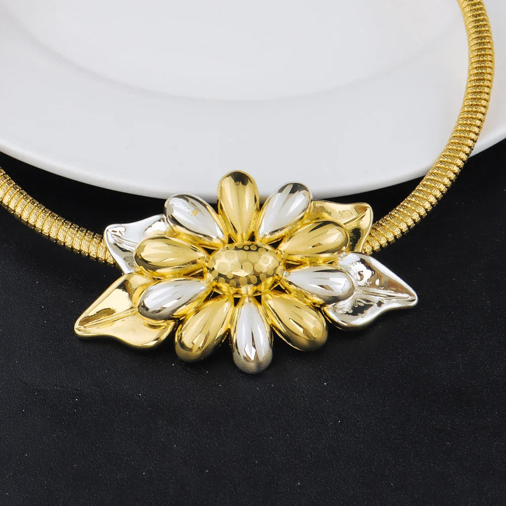 Dubai Gold Plated Necklace Earring Ring Bracelet Sets for Women Copper Vintage Flower Shape Jewelry Set for Party Wedding Gifts