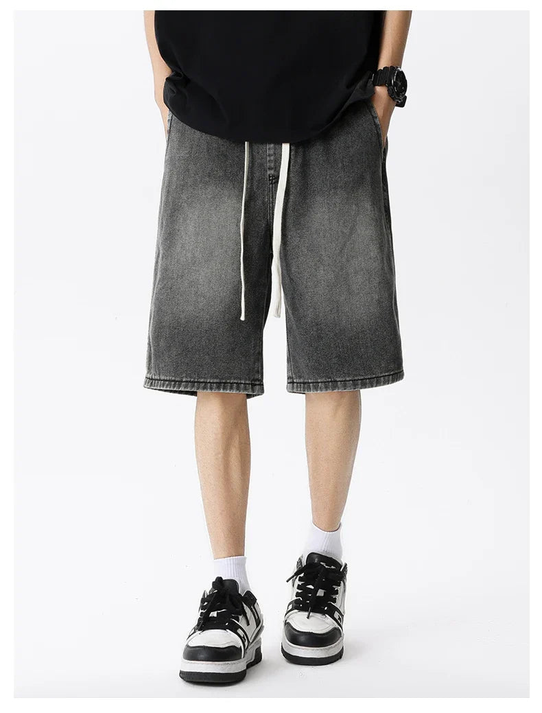 Casual Denim Shorts Men Elastic Waist Straight Comfortable Light Blue Soft Short Pants Baggy Wide Bermuda Male Jeans