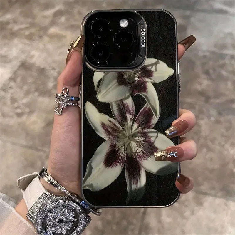 Painting Lily Flower Phone Case For iPhone 17 Air 16 15 14 13 12 11 Pro Max 7 8 Plus Black Hard Cover
