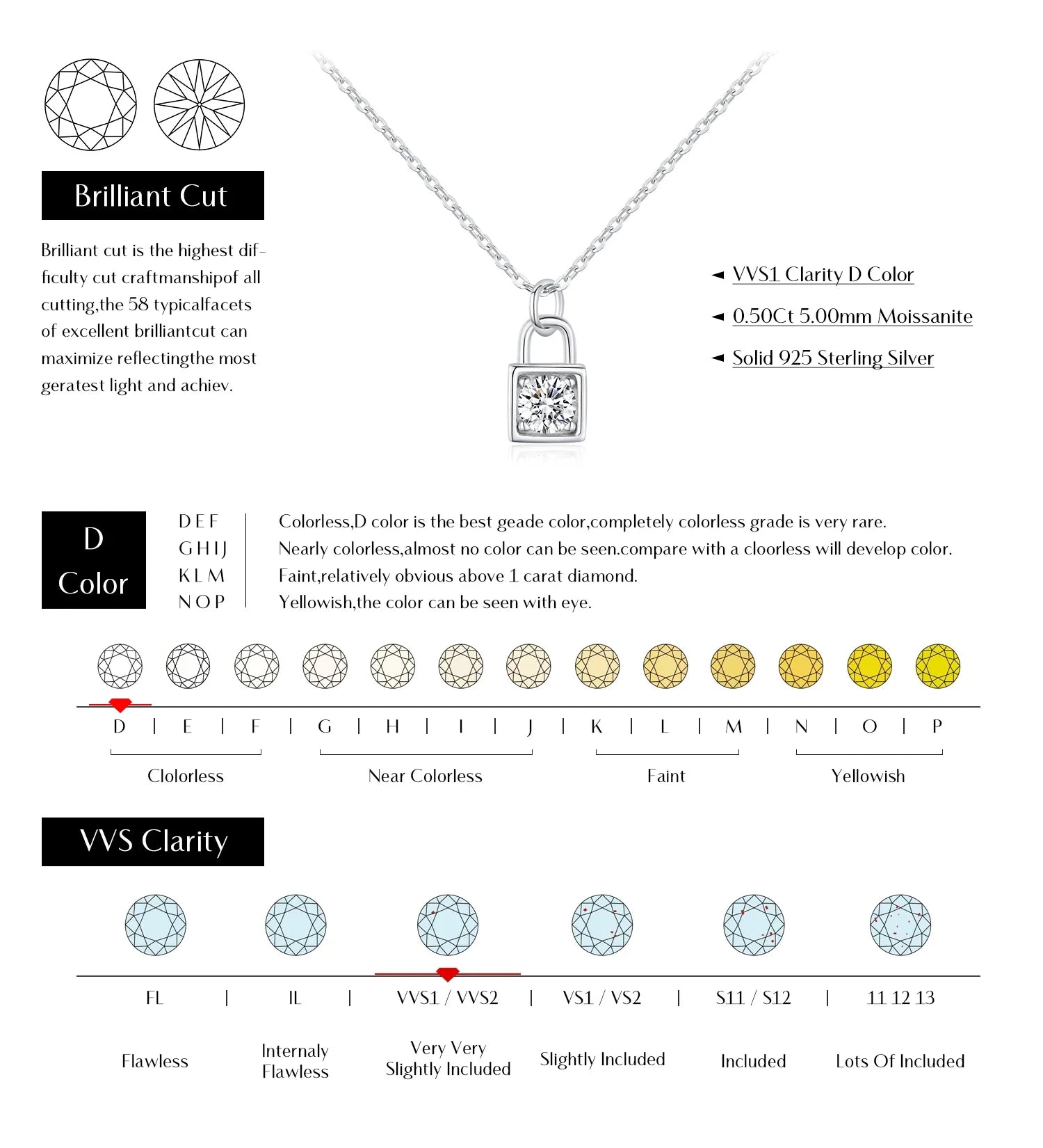 0.5 Carat D Color Moissanite Lock Pendant Necklace For Women 925 Sterling Silver Party Stackable Fine Jewelry With Boxes