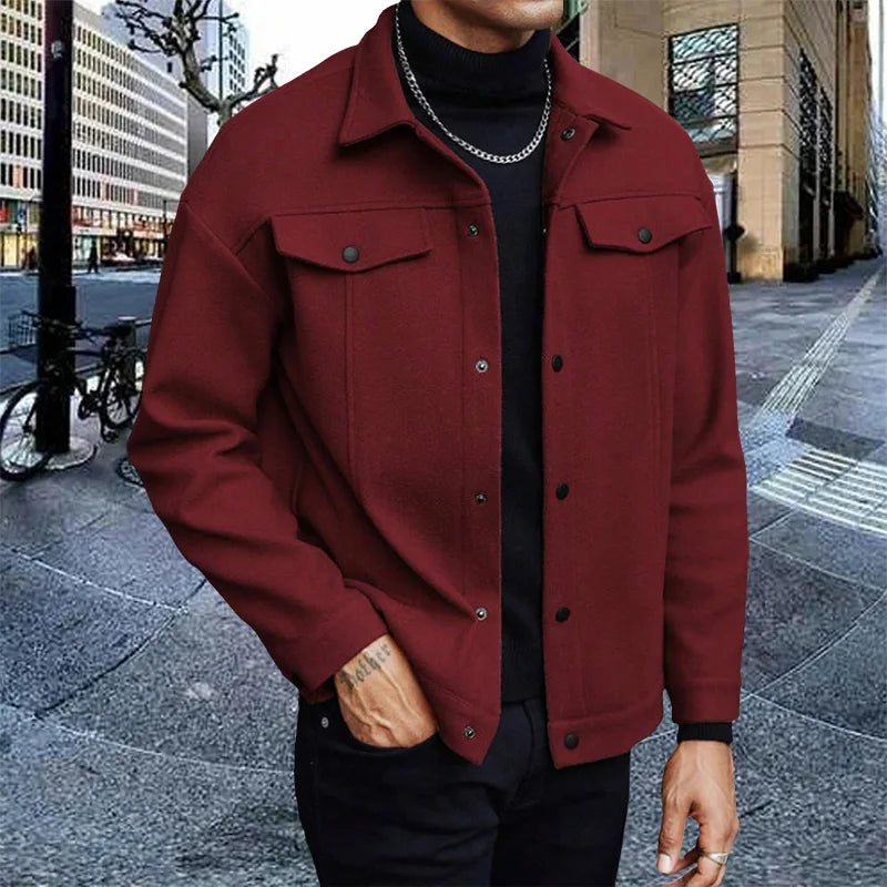 Men's Polyester Brushed Jacket, Lapel Button/Zipper Coat with Pocket, Comfortable Casual Autumn Winter Office Business Wear