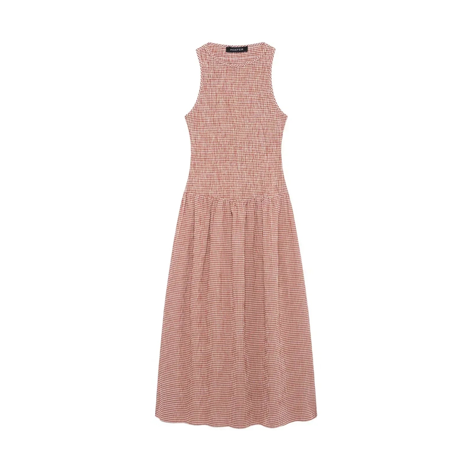 Dress for Women Fashion Summer New Plaid Fold Sleeveless O-neck Midi Vest Dresses French Chic Female Evening Clothing