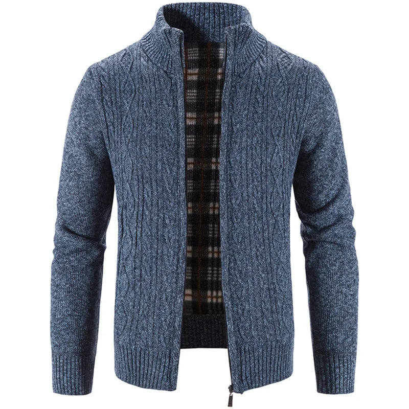 Winter Autumn New Sweater Knit Cable Cardigan Men Business Casual Jacket Zipper Up Solid Color Turn-down Coat Fleece Clothes