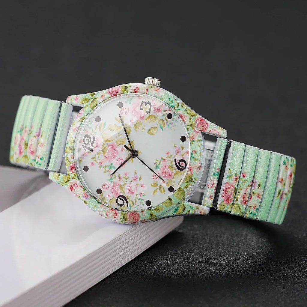 2/3PCS Fashion Flower Printed Women Quartz Wristwatches Set Ladies Casual Elastic Strap Arabic Dial Watch（Without Box）