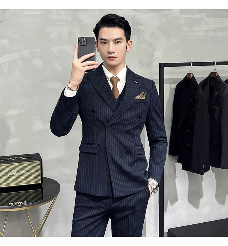 ( Blazer+Vest+Pants ) Groom Wedding Male Suit Luxury Brand Fashion Striped Men's Casual Business Office Double Breasted Suit