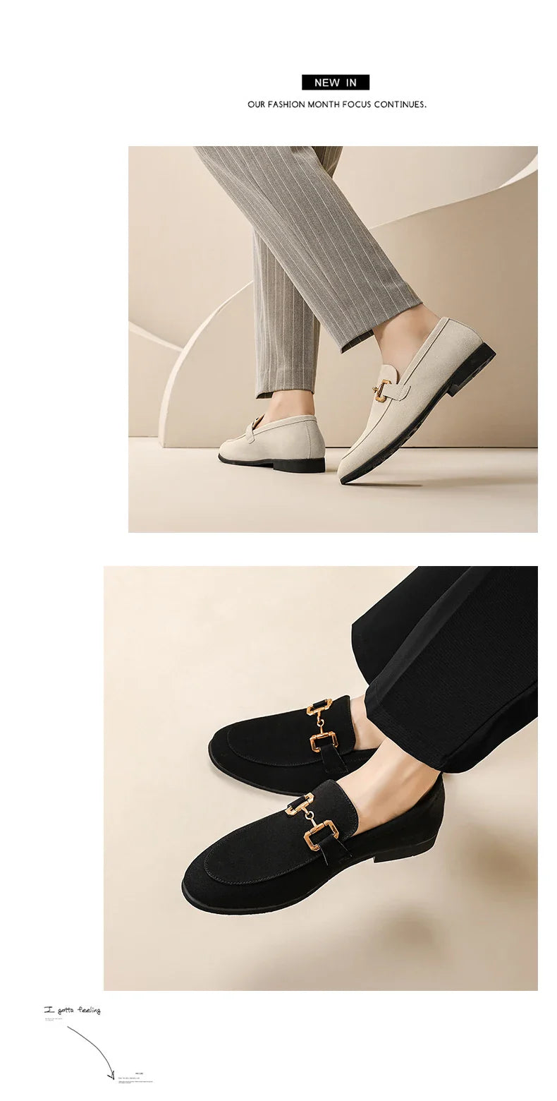 Fashion Brand Men Suede Leather Shoes Black Beige Horsebit Loafers Slip on Formal Mens Dress Shoes Wedding Office Casual Shoes