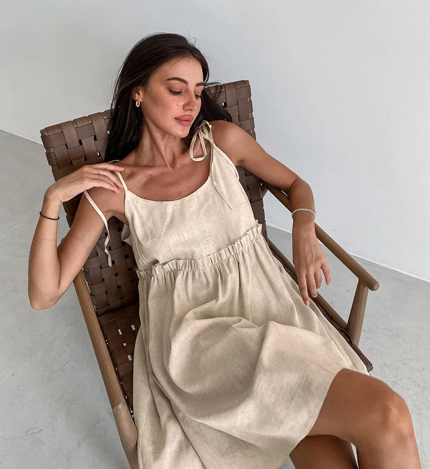 Women's Cotton Linen Spaghetti Strap Mini Dress Summer Loose A-Line Beach Vacation Dress Female Fashion Streetwear Dress