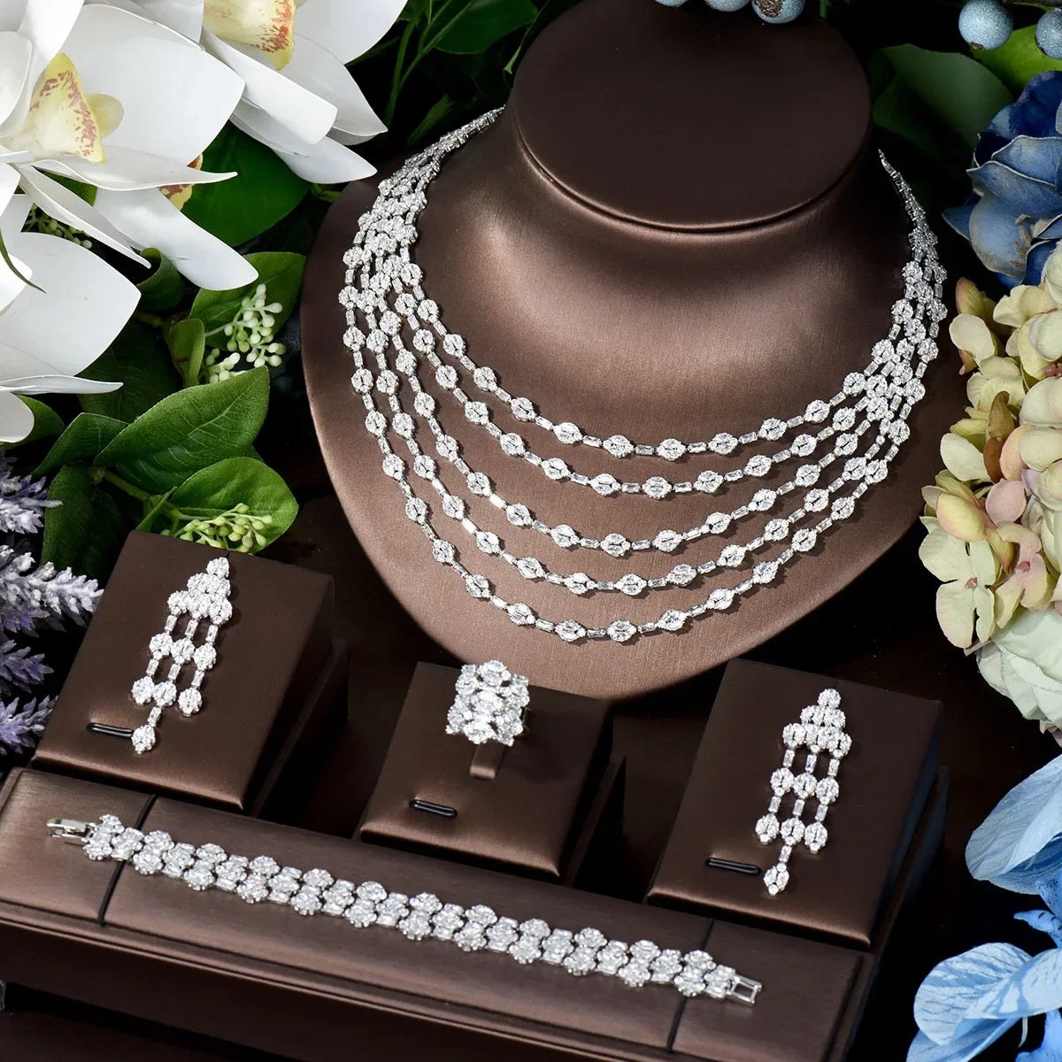 4 Pcs Luxury Elegant Ladies Zirconia Jewellery Set Necklace Earrings Bracelet Dress Accessories Party Wedding Evening Gift M-325