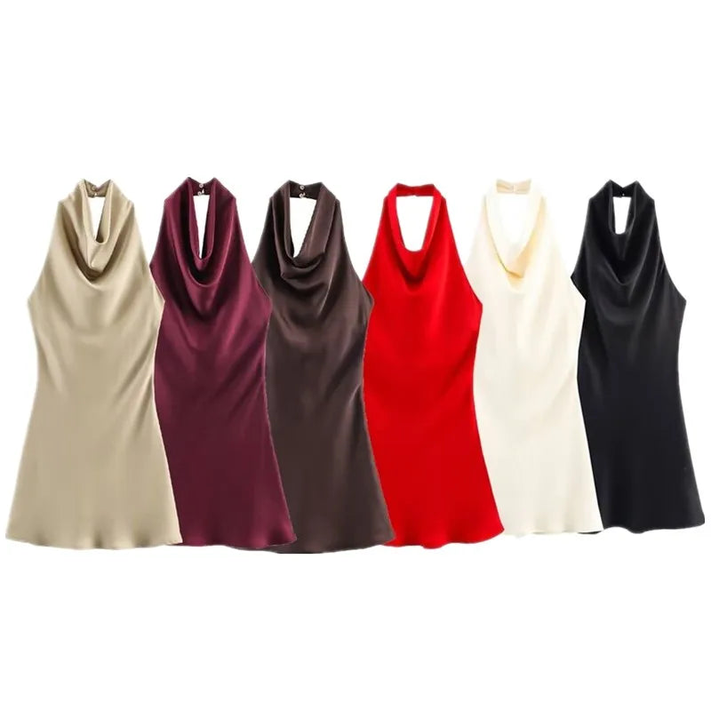 Silk Satin Texture Summer New Arrival Women's  Dr Hanging Ne Collar Gown Soft A-Line Skirt High Waist Pure Color