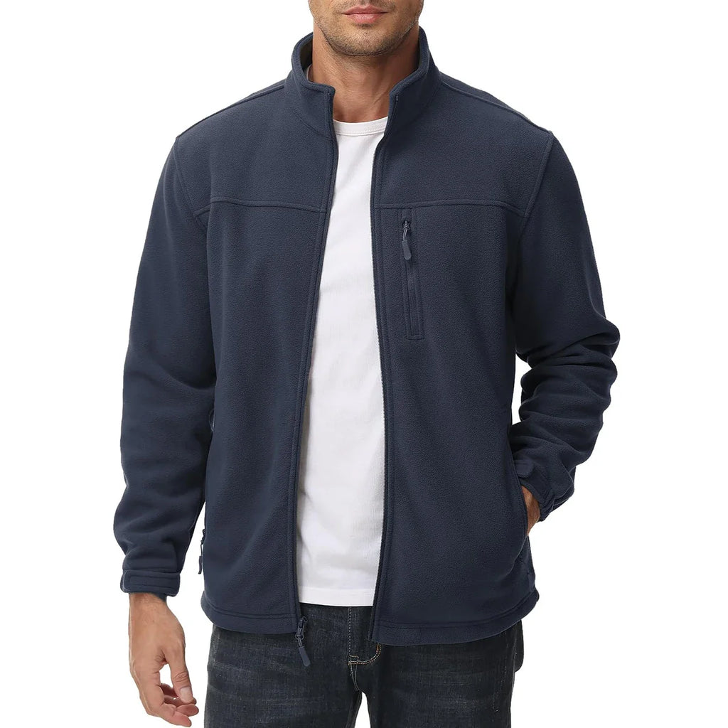 Men's Thermal Warm Fleece Jacket Stand Collar Full Zip Windbreaker Multiple-pockets Outerwear Working Hiking Coat