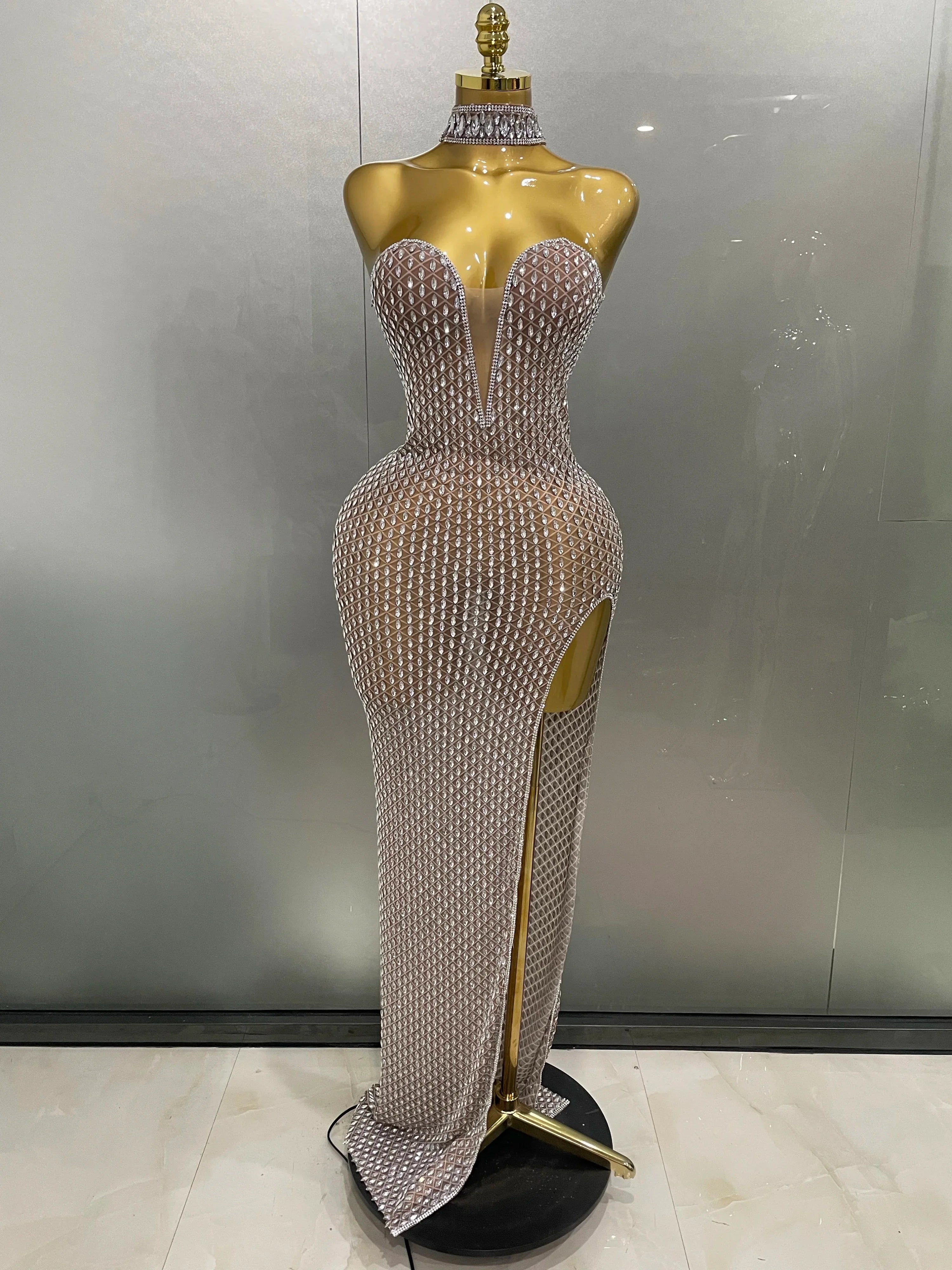 2025 Luxurious Full Rhinestones Mesh Transparent Long Dress Women Birthday Celebrate Evening Prom Dress Party Club Stage Costume