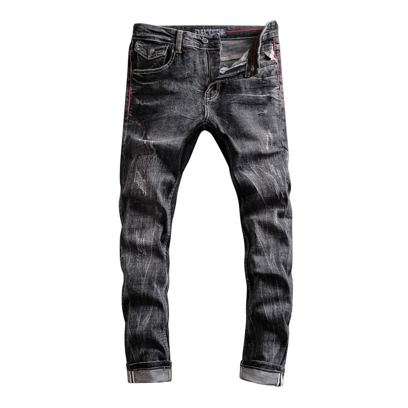 Men Jeans Retro Black Gray Elastic Slim Fit Ripped Jeans