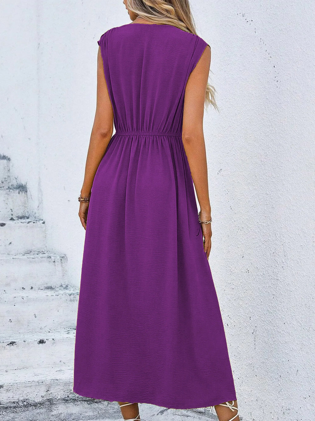 Women's Solid Color A-Line Dress Sleeveless Front Thin Straps Elegant Belted Midi Dress for Summer
