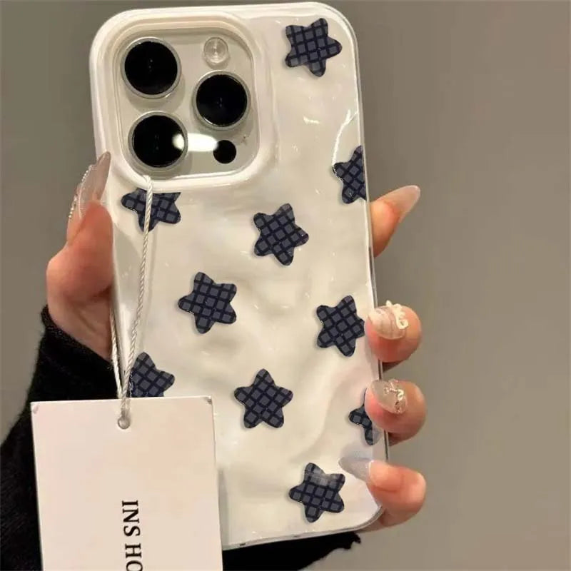 Cartoon Black Checkered Star Pattern Korean Phone Case for IPhone 16 17 Air 15 14 13 12 11 Pro Max Plus Shockproof Soft Cover