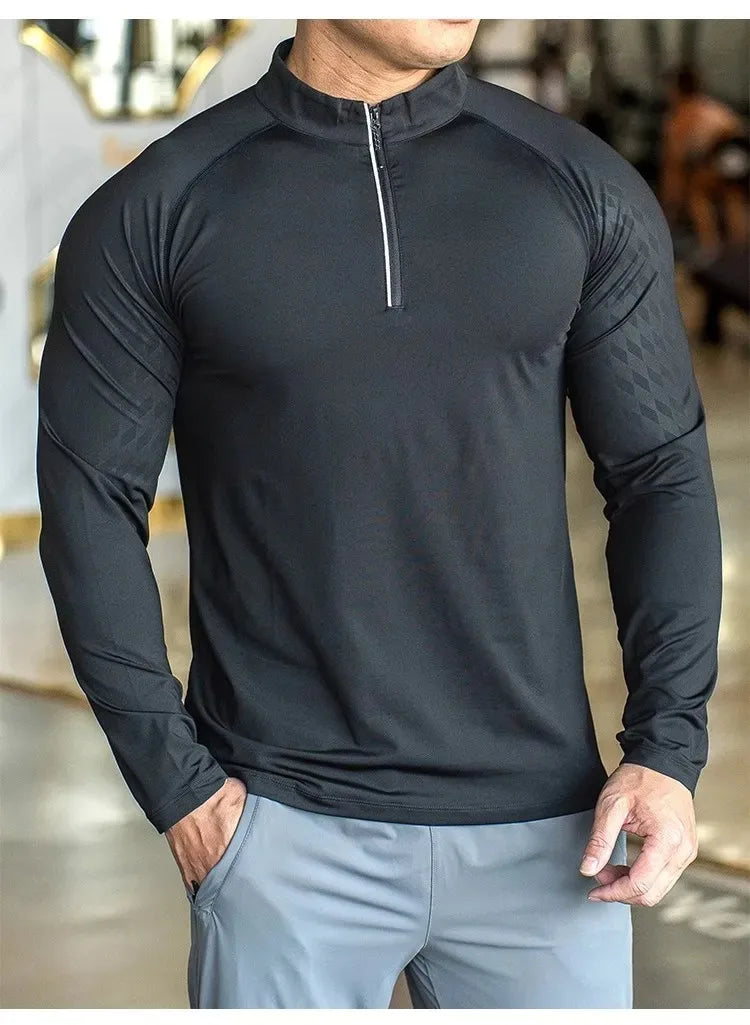 New Autumn Winter Running Gym Men Shirt Long Sleeve Tees Elastic Fit Sports Training Fitness Quick Dry Zip Collar Polo T Shirt