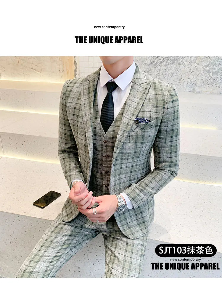 ( Jackets + Vest + Pants ) New Fashion Boutique Plaid Mens Casual Business Suit Groom Wedding Dress Suit 3pces Set Male Blazer