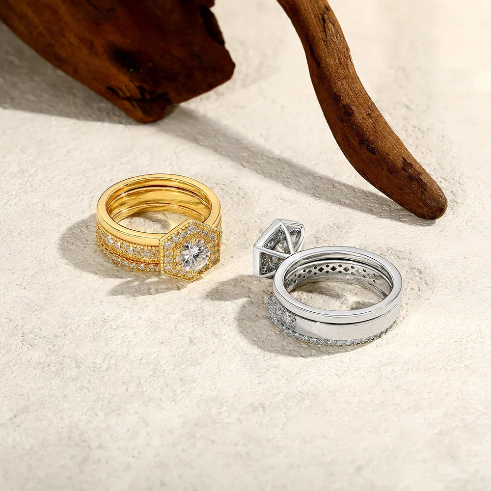 Original Round Cut 6mm Moissanite 3pc Rings Set 925Sterling Silver Luxury Engegament Wedding Women‘s Ring Fine Jewelry
