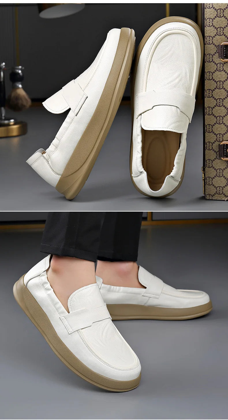 Spring Summer New Genuine Leather Shoes Men Solid Color Fashion Loafers Male Soft Sole Anti-slip Height-increasing Loafers Man