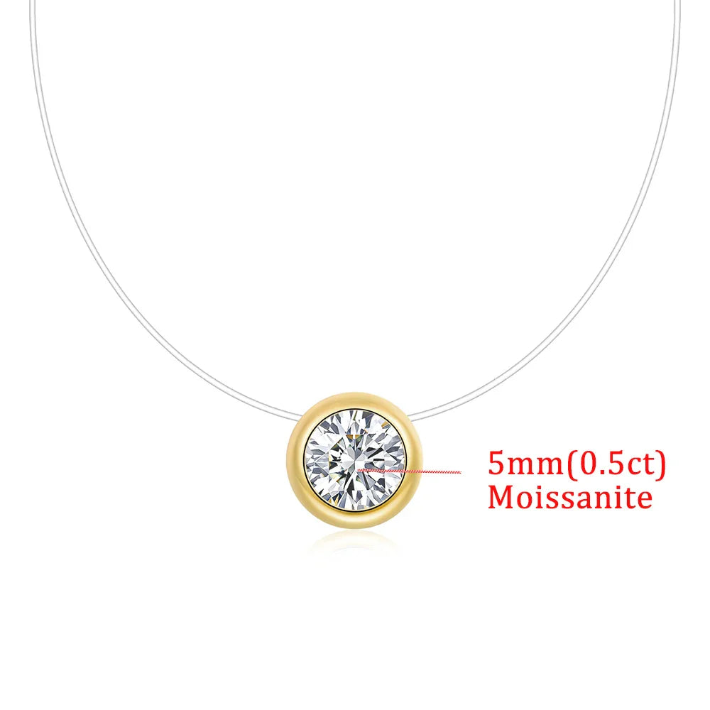 0.5/1CT Bezel Set Moissanite Pendant Necklace Women  Certified 925 Sterling Silver Transparent Fishing Line Choker Chain Jewelry