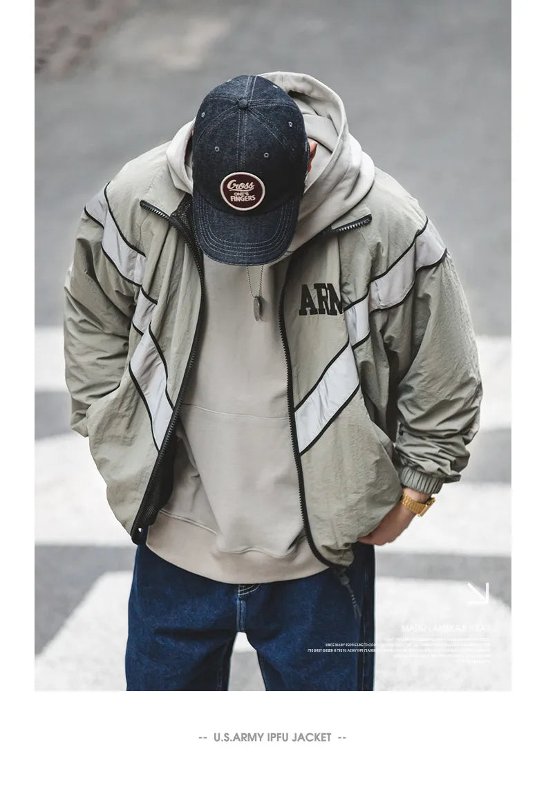 ARMY Reflective Hooded Contrasting Color Bomber Jacket Sports Quick-drying Jacket Loose IPFU Training Suit for Men's Daily