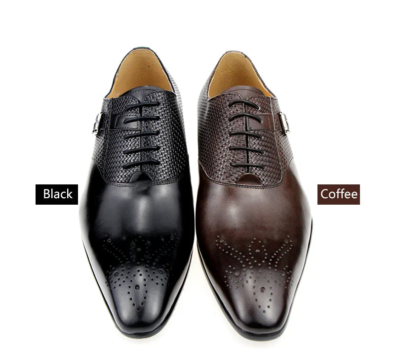 Mens Formal Genuine Leather Shoes Fashion Zapato Social Male Wedding Dress Loafer Weave Printing Lace-up Daily Brogue Shoes