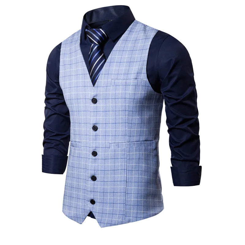 KIDWHXR 2026 Man Waistcoat Slim Plaid Business Casual Male Suit Vest V-neck Sleeveless Breathable Wedding Party Vest for Men