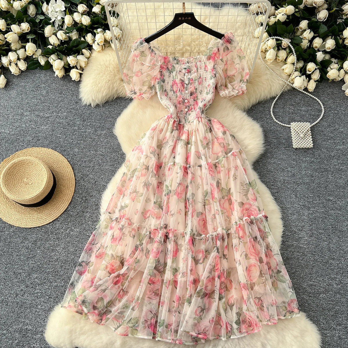 Retro Floral Chiffon Dr Women's Waist Cinched Bubble Sve Me Skirt Tea Break Gentle Soft Sle Korean High Waist A-Lin...