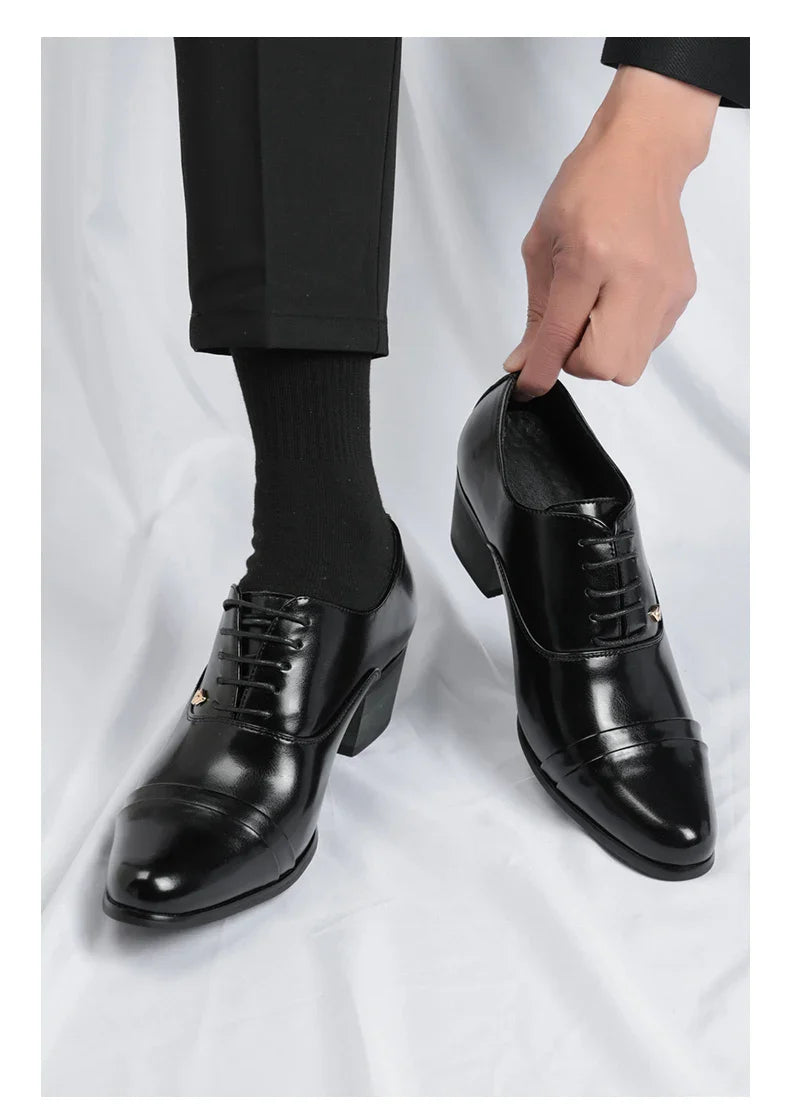Premium Leather Men Shoes Slip On Loafers European Brand Business Casual Wedding Party Plaid Design Height Increasing