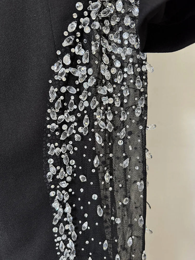 Newest 2026 Designer Vestido Women's Diamonds Beaded Slash Neck Off The Shoulders Patchwork Gauze Long Maxi Dress