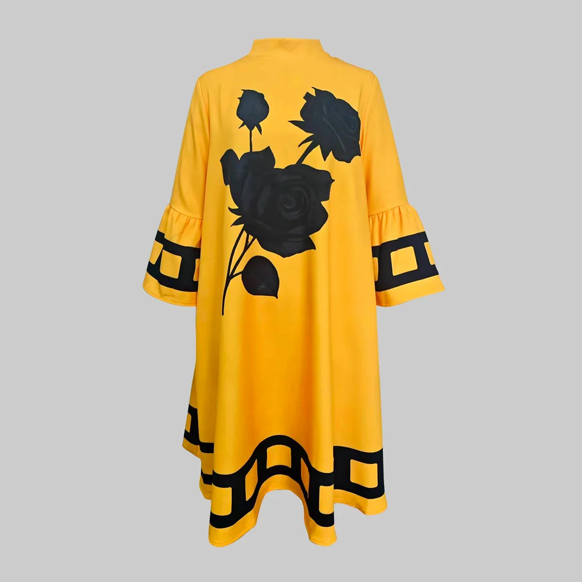 Flower Print  Loose Yellow Dresses for Women Autumn Winter Clothes Flared Sleeves Woman Midi Casual A-line Dress