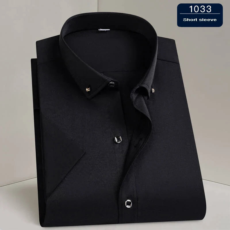 Hot Sale Men's Dress Shirt Formal Thin Business Classic Basic Diamond Button Social White Shirt Short Sleeve Men Clothing
