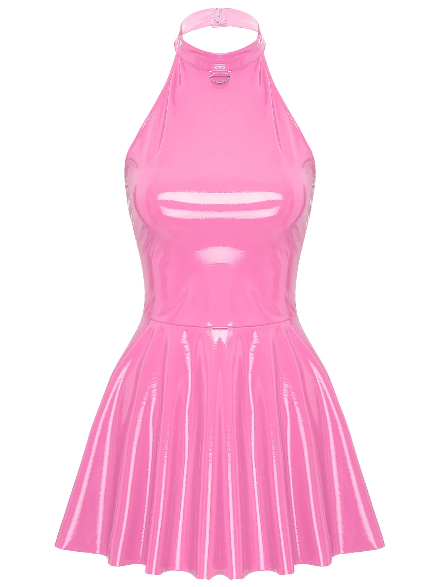 Womens Glossy Patent Leather Glossy Mini Skater Dress Halter Backless Bodycon Lingerie A-Line Dresses Rave Disco Party Clubwear