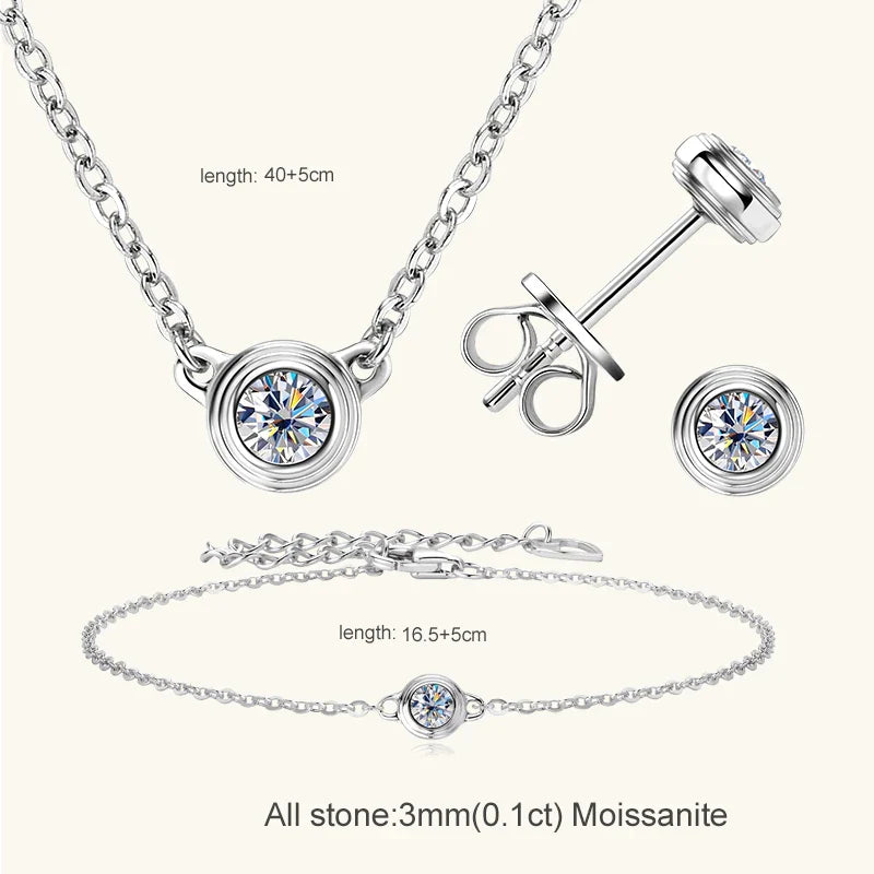 3mm 0.1ct Moissanite Diamond Necklace Bracelet Stud Earring For Women Simple Single Stone Earrings Bracelets Jewelry Set
