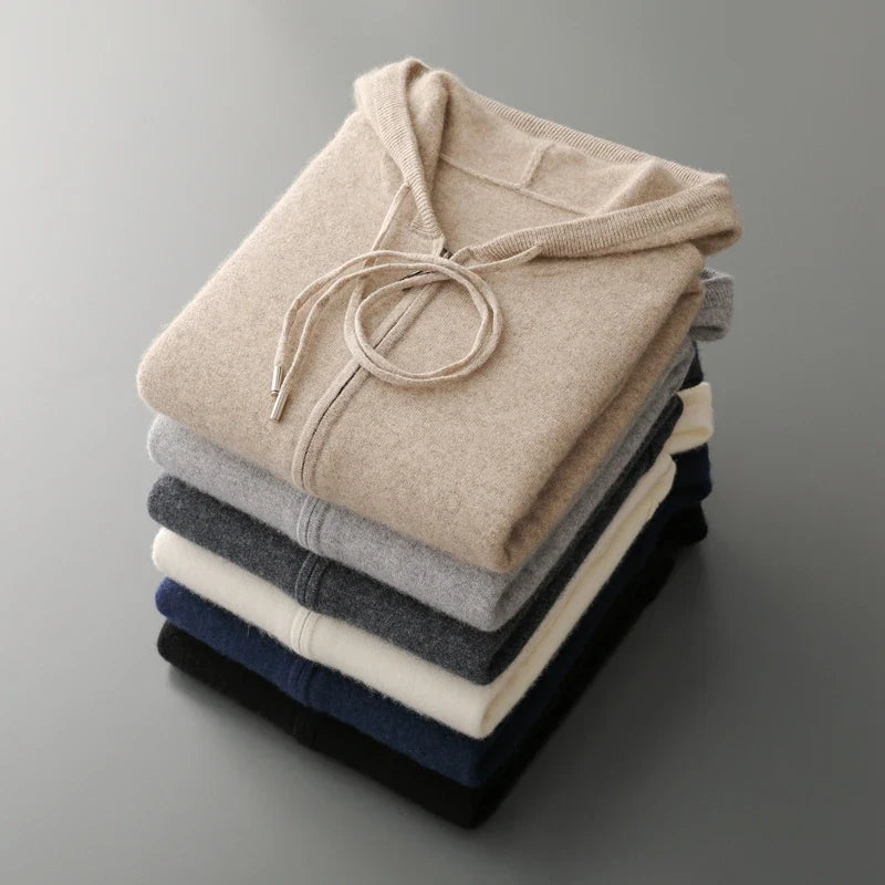 2025 New Men Knitted Plane Hooded Cardigan Cashmere Sweater Zipper Design Pocket Decoration High quality Thick Warmth Hoodie