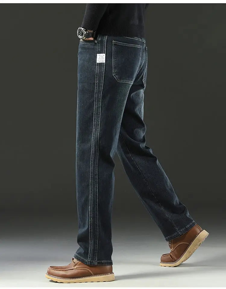 Men's Spring Autumn Soft Baggy Jeans Casual Straight Stretch Wide-Leg Business Denim Pants Versatile Comfortable Loose Trousers