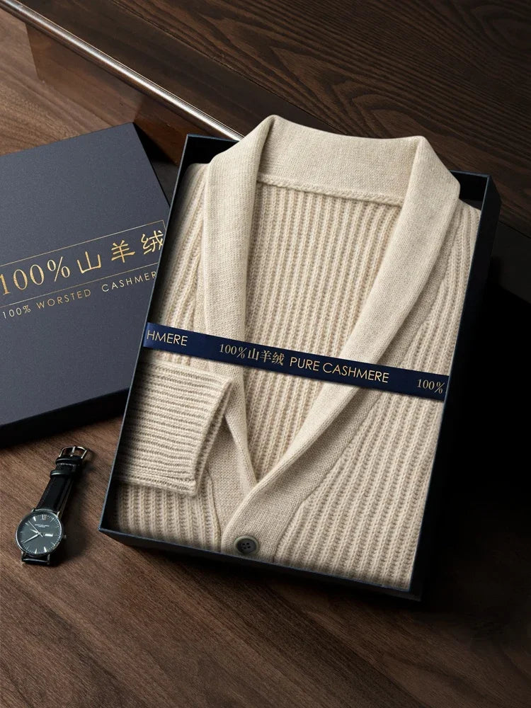 Men's Heavy Thick 100% Pure Cashmere Cardigan Olive Warm Collar High-End Sweater Coat Super Handsome
