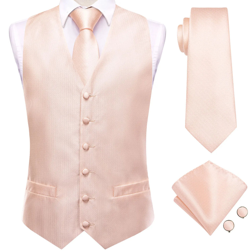 Wedding Coral Pink Mens Vest Silk Tie Set Adjustable Jacquard Waistcoat Jacket Necktie Hanky Cufflinks Formal Party Gifts